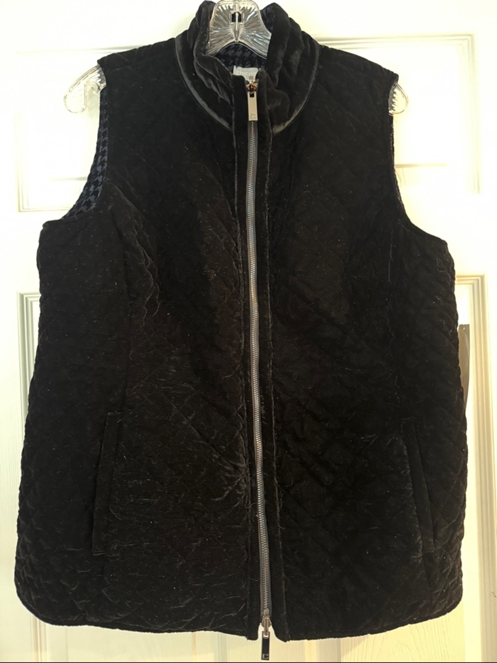 Chico's Black Reversible Quilted Velvet and Houndstooth Zip-Front Vest Large NWT
